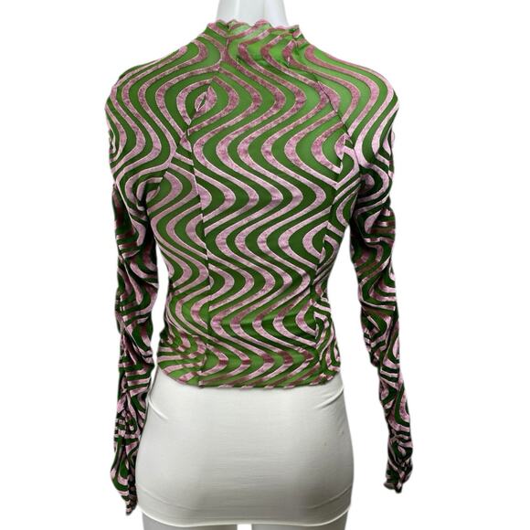 Urban Outfitters Green Pink Velvet Velour Swirl Long Sleeve Mock Neck Blouse S - Picture 3 of 5